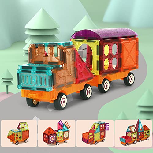 BUBUQE Magnetic Tiles Building Blocks with 4 Cars Magnet Train Set for Kids Construction STEM Toy Preschool Educational Creativity Learning Brithday Gift for Girls Boys Toddlers 3 4 5 6 7 8 - Image 5