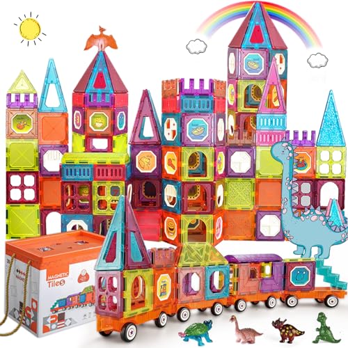 BUBUQE Magnetic Tiles Building Blocks with 4 Cars Magnet Train Set for Kids Construction STEM Toy Preschool Educational Creativity Learning Brithday Gift for Girls Boys Toddlers 3 4 5 6 7 8 - Image 1