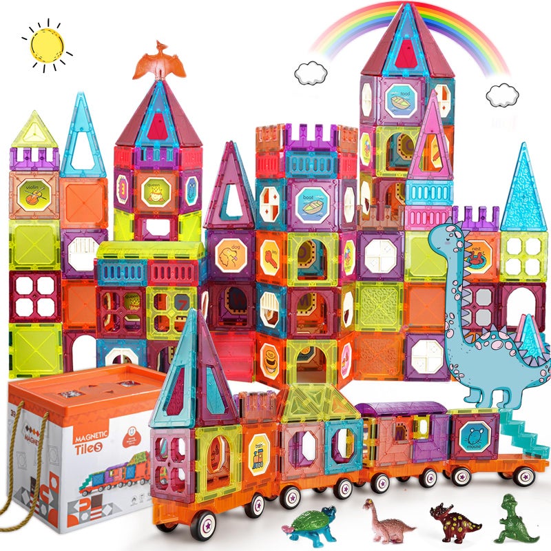 BUBUQE Magnetic Tiles Building Blocks with 4 Cars Magnet Train Set for Kids Construction STEM Toy Preschool Educational Creativity Learning Brithday Gift for Girls Boys Toddlers 3 4 5 6 7 8 - Image 4