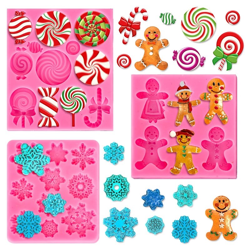 Whaline 3Pcs Christmas Candy Fondant Mold Pink Gingerbread Man Snowflake Silicone Mold Assorted Chocolate Candy Mould for Xmas Winter Party Cupcake Sugar Craft Gum Resin Clay