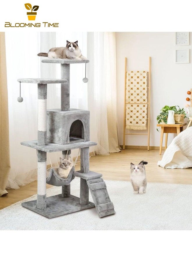 بلومنغ تايم برج شجرة القط الفاخرة المتكاملة الكبيرة القط تسلق الإطار القط القمامة ، مركز النشاط القط تسلق شجرة ، بيت القط أرجوحة ، سلم ، القط في الأماكن المغلقة رمادي بقية المكان - Image 1