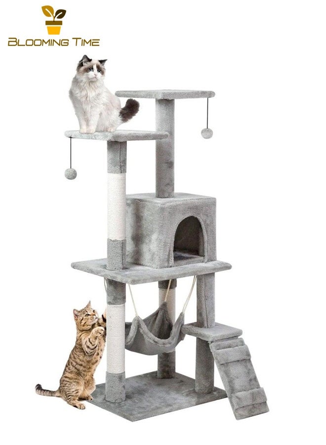 بلومنغ تايم برج شجرة القط الفاخرة المتكاملة الكبيرة القط تسلق الإطار القط القمامة ، مركز النشاط القط تسلق شجرة ، بيت القط أرجوحة ، سلم ، القط في الأماكن المغلقة رمادي بقية المكان - Image 2