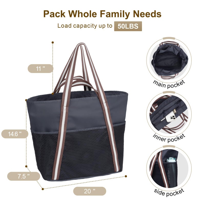 F-color Waterproof Beach Bag with Zipper - Packable Family Beach Tote with Sandproof Side Mesh Bag for Women, Carry on Swim Bag for Travel Pool Cruise Vacation Essentials, Black - Image 2