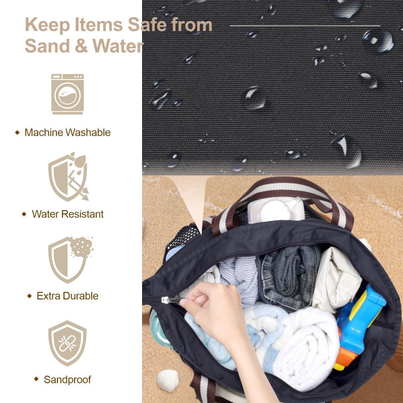 F-color Waterproof Beach Bag with Zipper - Packable Family Beach Tote with Sandproof Side Mesh Bag for Women, Carry on Swim Bag for Travel Pool Cruise Vacation Essentials, Black - Image 4