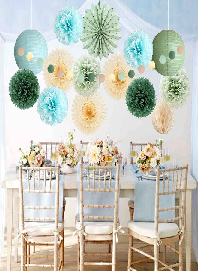 FETETIJD Sage Green and Blue Party Decorations Paper Lanterns Light Blue and Sage Green Baby Shower Decorations Beige Paper Fans Olive Pom Poms for Bridal Shower Wedding Engagement Birthday Bachelorette Party - Image 4