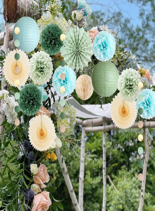 FETETIJD Sage Green and Blue Party Decorations Paper Lanterns Light Blue and Sage Green Baby Shower Decorations Beige Paper Fans Olive Pom Poms for Bridal Shower Wedding Engagement Birthday Bachelorette Party - Image 3