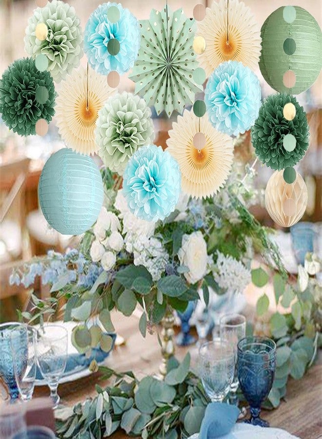 FETETIJD Sage Green and Blue Party Decorations Paper Lanterns Light Blue and Sage Green Baby Shower Decorations Beige Paper Fans Olive Pom Poms for Bridal Shower Wedding Engagement Birthday Bachelorette Party - Image 2
