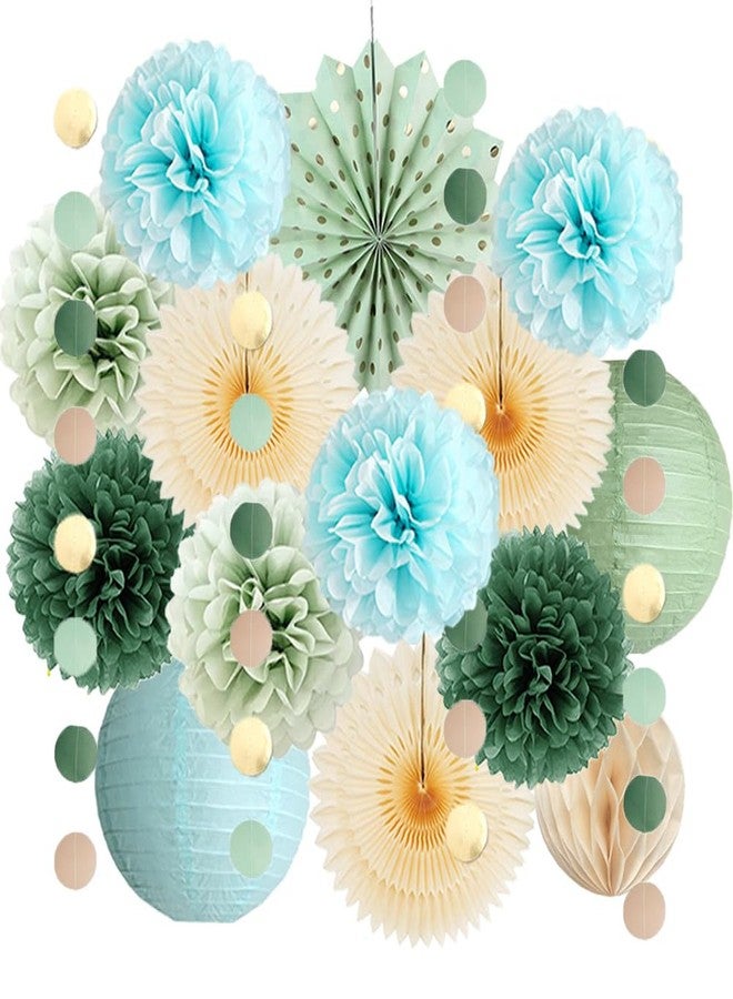 FETETIJD Sage Green and Blue Party Decorations Paper Lanterns Light Blue and Sage Green Baby Shower Decorations Beige Paper Fans Olive Pom Poms for Bridal Shower Wedding Engagement Birthday Bachelorette Party - Image 1