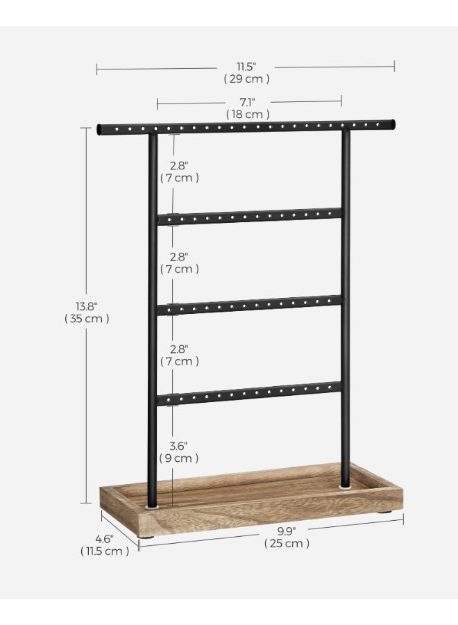 SONGMICS Jewelry Organizer, 4-Tier Earring Holder Organizer Stand with Base Tray, for Studs and Necklaces, Vintage, Wood Color and Black - Image 4