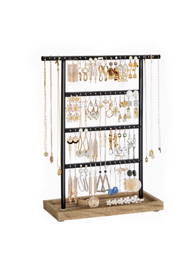 SONGMICS Jewelry Organizer, 4-Tier Earring Holder Organizer Stand with Base Tray, for Studs and Necklaces, Vintage, Wood Color and Black - Image 1