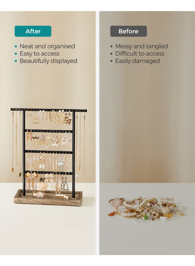 SONGMICS Jewelry Organizer, 4-Tier Earring Holder Organizer Stand with Base Tray, for Studs and Necklaces, Vintage, Wood Color and Black - Image 5