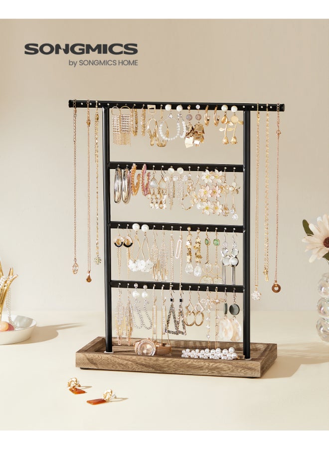 SONGMICS Jewelry Organizer, 4-Tier Earring Holder Organizer Stand with Base Tray, for Studs and Necklaces, Vintage, Wood Color and Black - Image 2