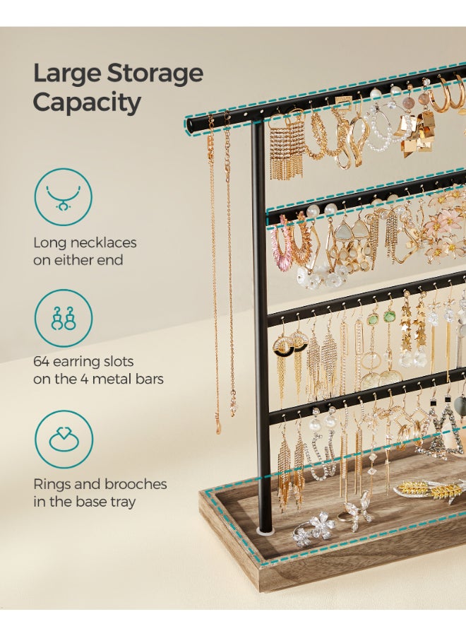 SONGMICS Jewelry Organizer, 4-Tier Earring Holder Organizer Stand with Base Tray, for Studs and Necklaces, Vintage, Wood Color and Black - Image 3