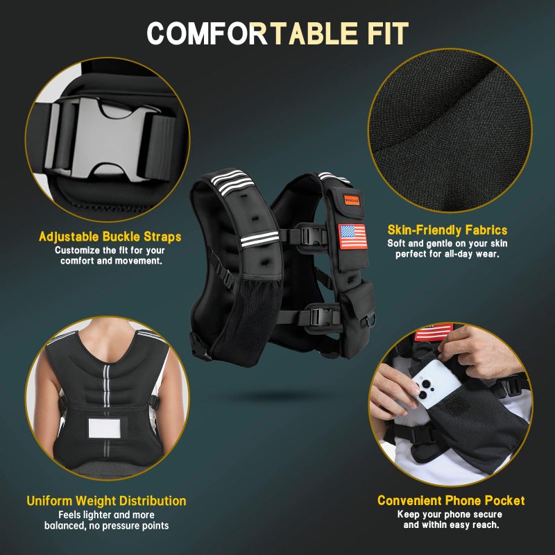 WANOON Weighted Vest Woman & Men,8lb/12lb/16lb/20lb/30lb/40lb Plus Size Weighted Vest With Phone Pockets & Reflective Strips for Walking, Running, Hiking,Rucking, Workout, Strength Training - Image 2