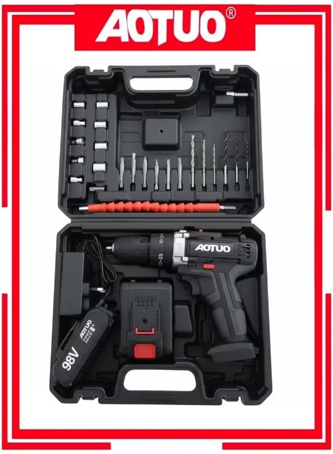 AOTUO مجموعة مثقاب لاسلكي، مثقاب كهربائي مع 2 بطارية وشاحن، مفك كهربائي مع محركات مثقاب بسرعتين، 25 إعداد عزم، ضوء LED مدمج، حقيبة تخزين متضمنة - Image 1