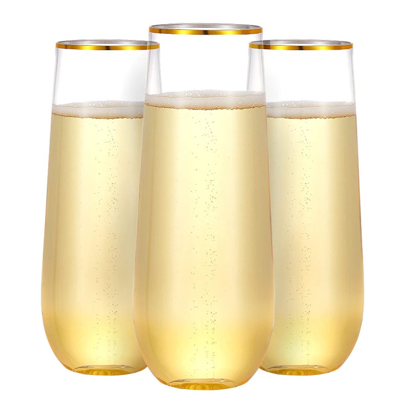 N9R N9R 36PCS Plastic Champagne Flutes 9 Oz Stemless Disposable Gold Rim Toasting Glasses Crystal Clear Cocktail Cups Drinkware Shatterproof Ideal for Party Wedding Birthday