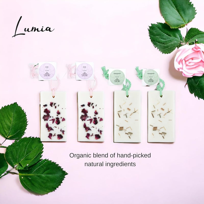Lumia Scented Soywax Tablets Set of 4 for Wardrobe Fragrance Air Freshener Bar Aromatherapy Fragrance Handmade Wax Tablets Scented Sachet for Closets Drawers cars 2 Rose 2 Lemongrass - Image 2