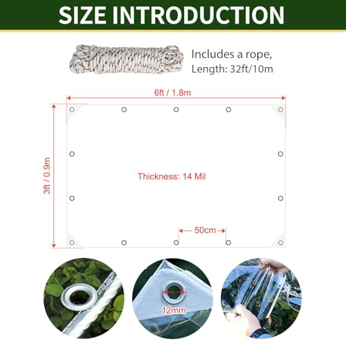 LCYFBE 3 x 6 FT Clear Tarps Heavy Duty PVC Vinyl 14 Mil Thick Tarpaulin Glass Tarpaulin with Metal Grommets, Protects Against Water, Tear, Cold Weather Resistan for Greenhouse Balcony Garden - Image 2