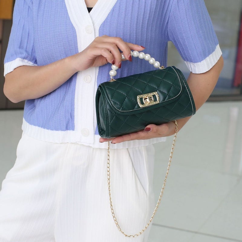 Sweet Rhombus Embroidered Pillow Bag Trendy Pearl Handle Chain Shoulder Bag Mini Portable Mobile Phone Bag Shoulder Bag Batch - Image 2