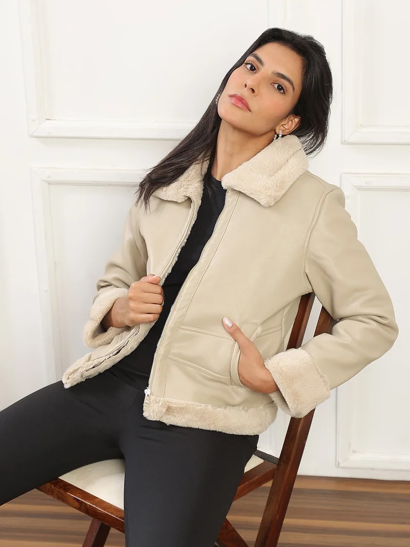 globus Globus Women Camel Brown Soft Functional Spread Collar Front Zip Winterwear Jacket