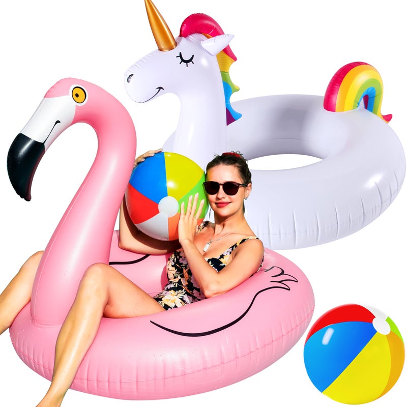 FindUWill 2 Pack Pool Floats with 2Pcs Balls Pool Toys 57 Large Unicorn Pool Float 46 Flamingo Pool Floaties for Adult Heavy Duty Inflatable Swimming Pool Accessories for Pool Water Party