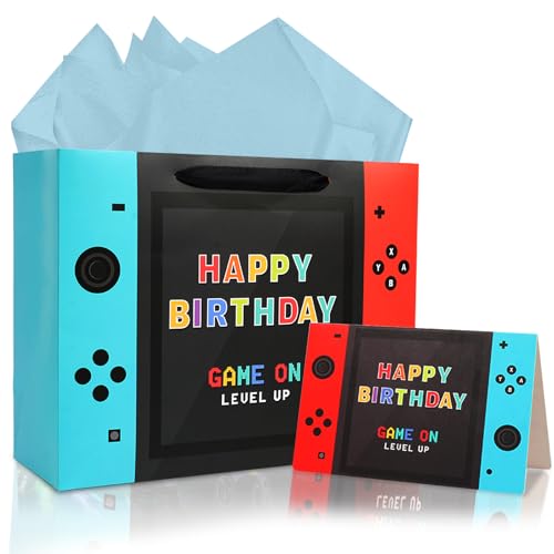 JOARHONAL Video Game Birthday Gift Bag 13 Large Happy Birthday Gift Bag with Tissue Paper and Card for Boys Kids Video Game Birthday Party Supplies - Image 1