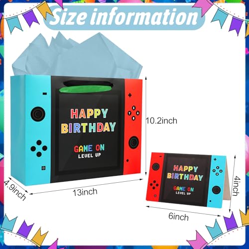 JOARHONAL Video Game Birthday Gift Bag 13 Large Happy Birthday Gift Bag with Tissue Paper and Card for Boys Kids Video Game Birthday Party Supplies - Image 3