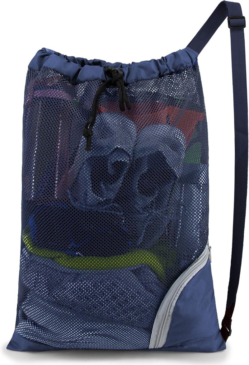 BeeGreen Mesh Drawstring Bag Swim Backpack for Beach Pool Sports Gym Draw String Cinch Bags for Swimming Soccer Basketball Gear Navy - Image 1