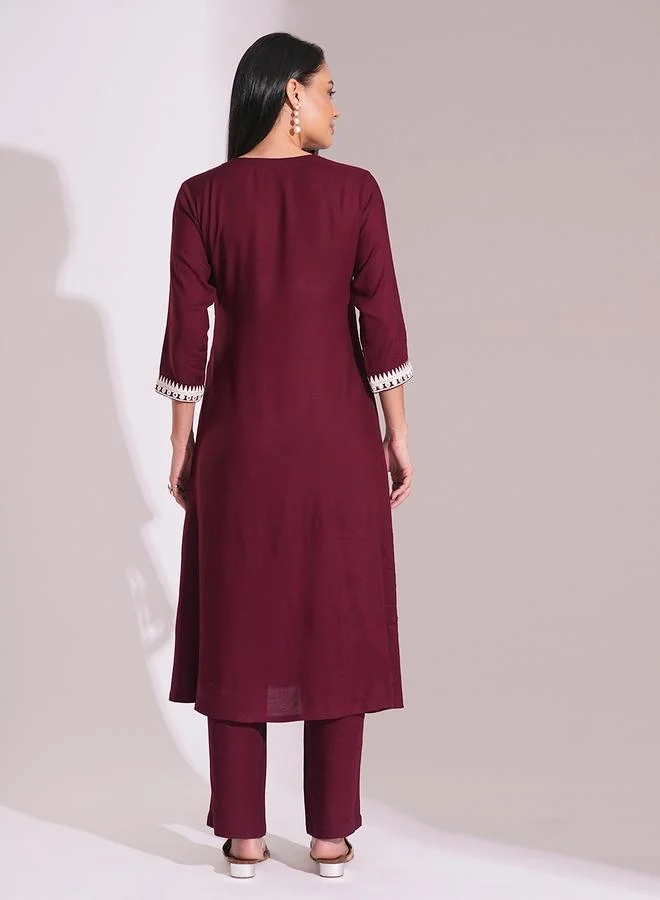 globus Globus Maroon Embroidered Detail A-Line Kurta and Pants Workwear Set