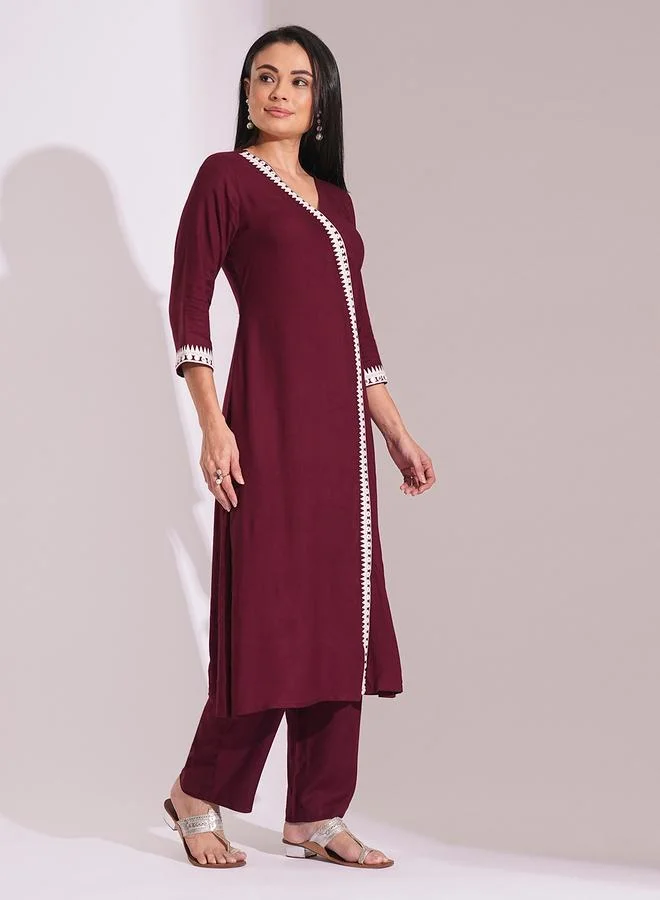 globus Globus Maroon Embroidered Detail A-Line Kurta and Pants Workwear Set