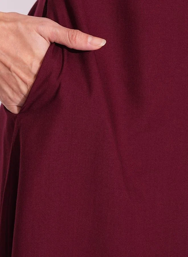 globus Globus Maroon Embroidered Detail A-Line Kurta and Pants Workwear Set