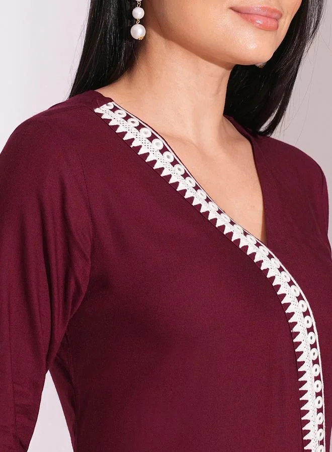 globus Globus Maroon Embroidered Detail A-Line Kurta and Pants Workwear Set