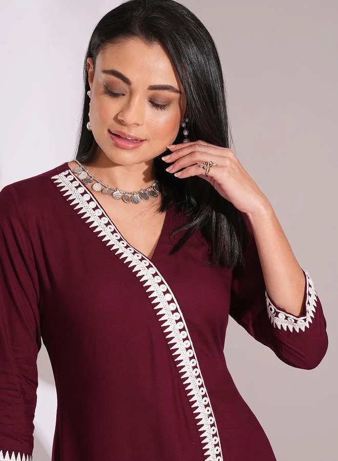 globus Globus Maroon Embroidered Detail A-Line Kurta and Pants Workwear Set