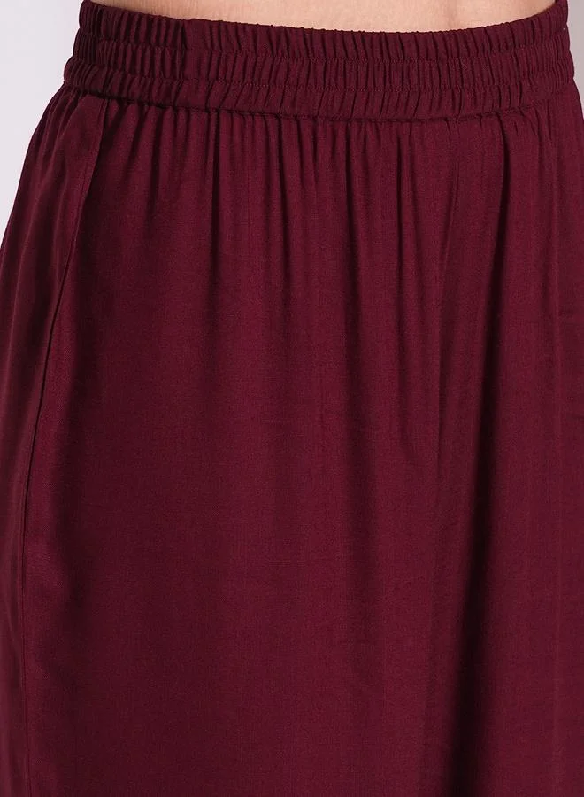 globus Globus Maroon Embroidered Detail A-Line Kurta and Pants Workwear Set