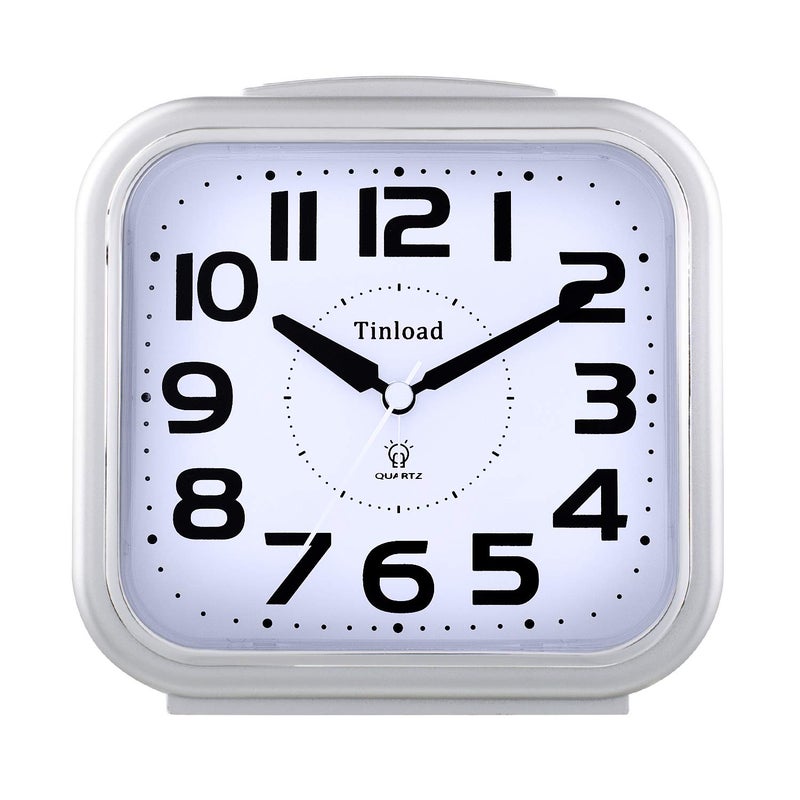 55 Extra Large Analog Alarm Clock Silent Non Ticking Gentle Wake Beep Sounds Increasing Volume Battery Operated Snooze and Manual Light Easy Set Silver