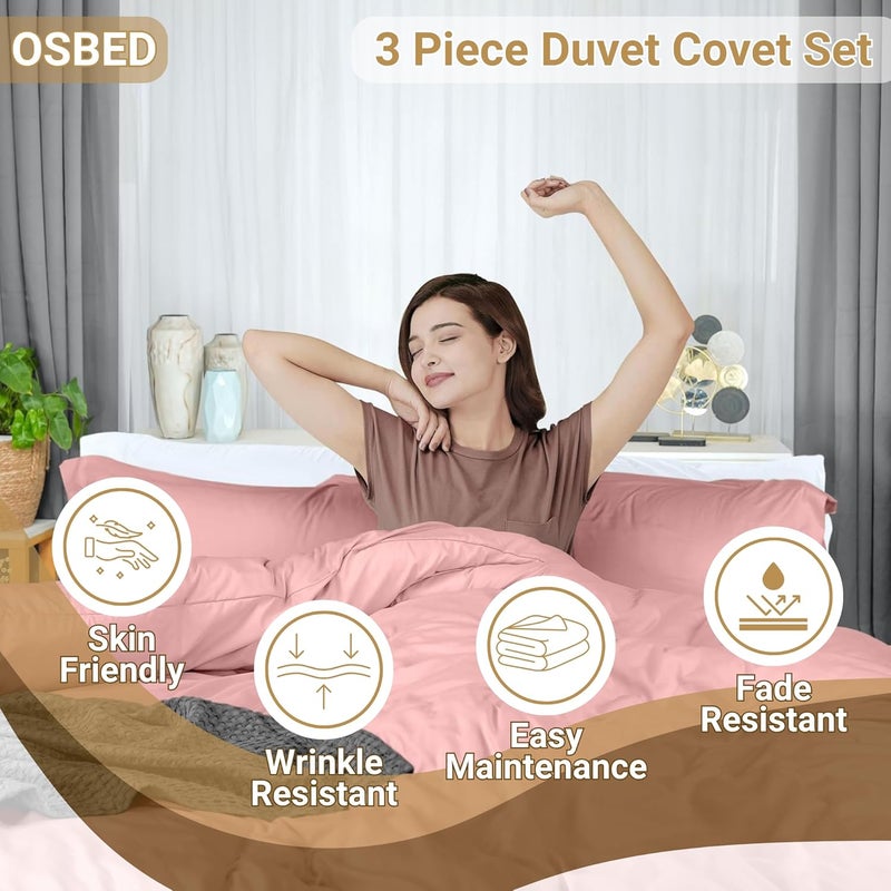 OSBED طقم أغطية لحاف فاخر 3 قطع - 100% قطن، وردي، 225 × 225 سم - Image 3