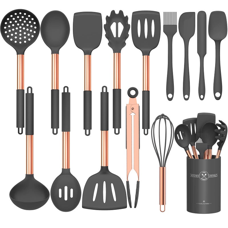 Silicone Cooking Utensil Set Umite Chef Kitchen Utensils 15pcs Cooking Utensils Set Nonstick Silicone Rose Gold Handle Cooking Tools Whisk Kitchen Tools Set Grey