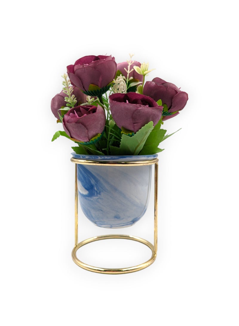 UNT Mini Artificial Flowers Bouquet with Small Ceramic Vase and Stand For Home Decoration - Image 1