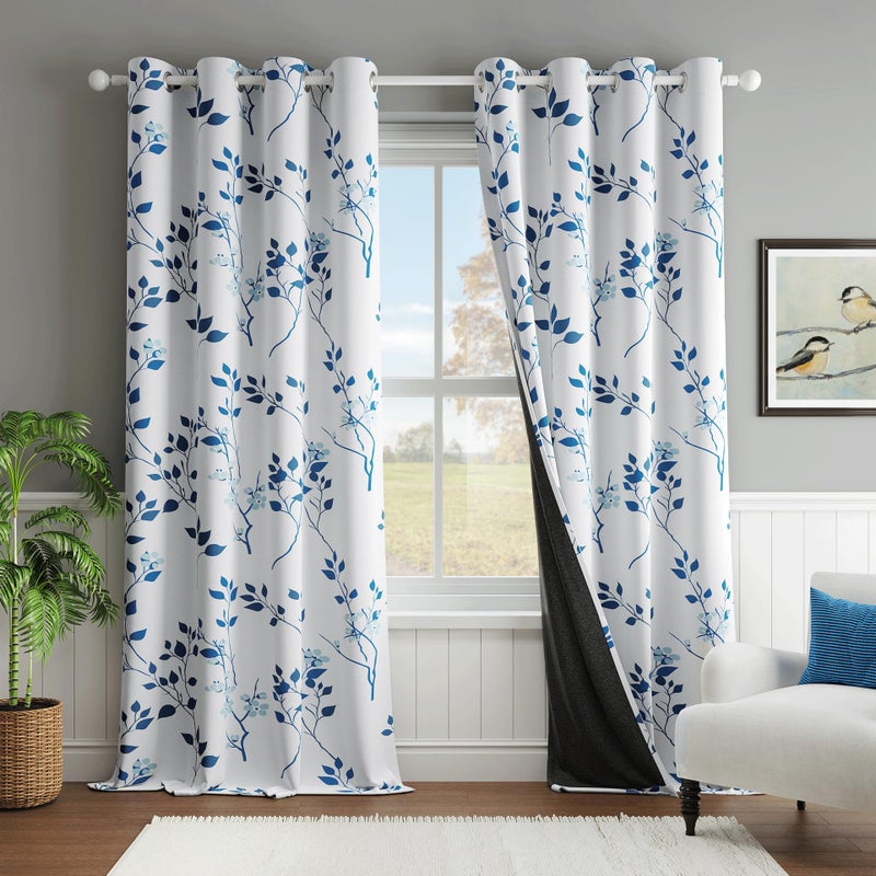 Beauoop Floral 100% Blackout Curtains 84 Inches Long 2 Panels for Bedroom Living Room Navy Blue and White Flower Patterned Room Darkening Thermal Soundproof Grommet Window Treatments Drapes, 52X84 - Image 1