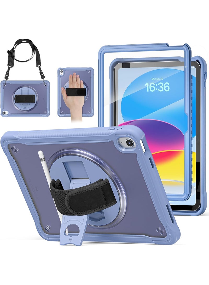 case for iPad (A16) 11th/10th Generation 11/10.9 inch 2025/2022,Rugged Shockproof Protective Cover with 360° Rotating Hand Strap/Stand,Screen Protector,Pencil Holder, pen, blue - Image 1