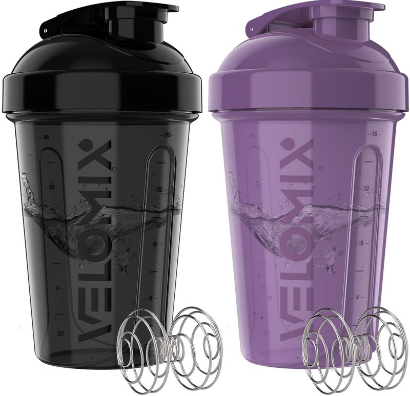 VELOMIX 2 Pack 20 oz Protein Shaker Bottles for Protein Mixes 2x Wire Whisk Leak Proof Shaker Cups for Protein Shakes and Pre Workout Protein Shaker Bottle Pack PurpleBlack - Image 3