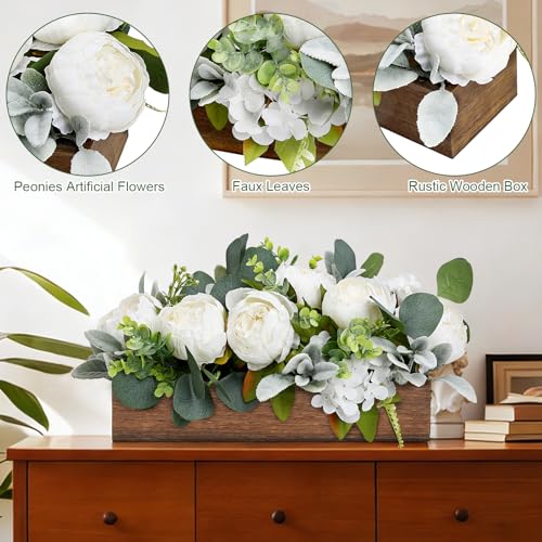 Scawim Pre-Made Flower Centerpieces for Table, Artificial Floral Centerpieces for Dining Table Wood Fake Peony Hydrangea Centerpiece for Wedding Living Room Office Bar Kitchen Table(White) - Image 3