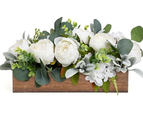 Scawim Pre-Made Flower Centerpieces for Table, Artificial Floral Centerpieces for Dining Table Wood Fake Peony Hydrangea Centerpiece for Wedding Living Room Office Bar Kitchen Table(White) - Image 1