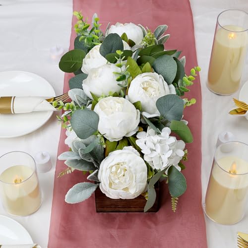 Scawim Pre-Made Flower Centerpieces for Table, Artificial Floral Centerpieces for Dining Table Wood Fake Peony Hydrangea Centerpiece for Wedding Living Room Office Bar Kitchen Table(White) - Image 4