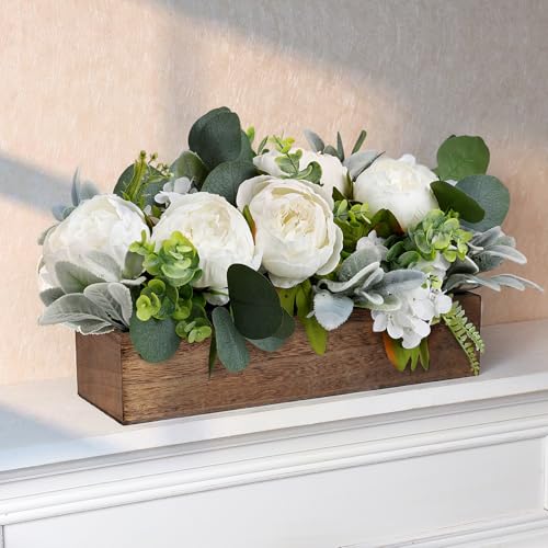 Scawim Pre-Made Flower Centerpieces for Table, Artificial Floral Centerpieces for Dining Table Wood Fake Peony Hydrangea Centerpiece for Wedding Living Room Office Bar Kitchen Table(White) - Image 5