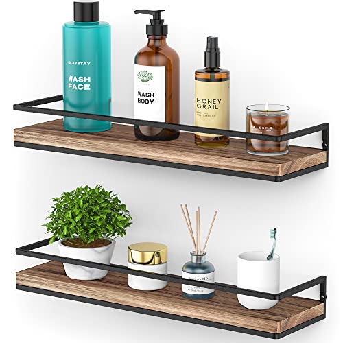 Meangood Floating Shelves Wall Mounted Set of 2, Rustic Wood Wall Storage Shelves for Bedroom,Living Room,Bathroom, Kitchen Torched Wood - Image 1