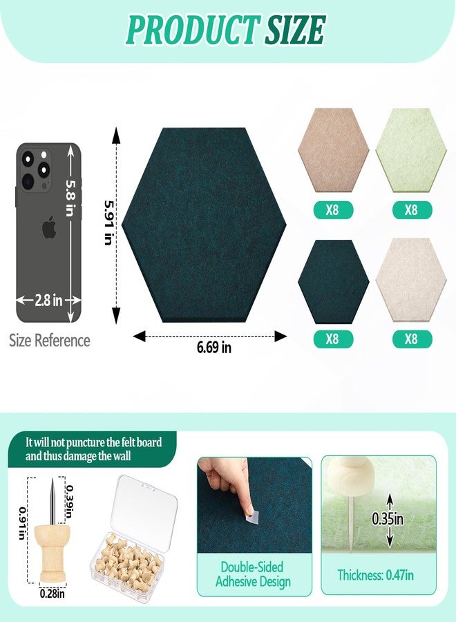 Mindsoft 32 Pcs 6'' x 7'' Hexagon Felt Cork Board Tiles with 50 Wooden Push Pins, Felt DIY Bulletin Board with 4 Tape for Office School Home Wall Decor Stickers Memos Photos Display - Image 3