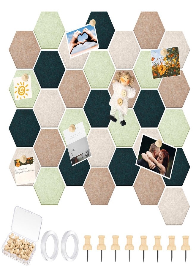 Mindsoft 32 Pcs 6'' x 7'' Hexagon Felt Cork Board Tiles with 50 Wooden Push Pins, Felt DIY Bulletin Board with 4 Tape for Office School Home Wall Decor Stickers Memos Photos Display - Image 1