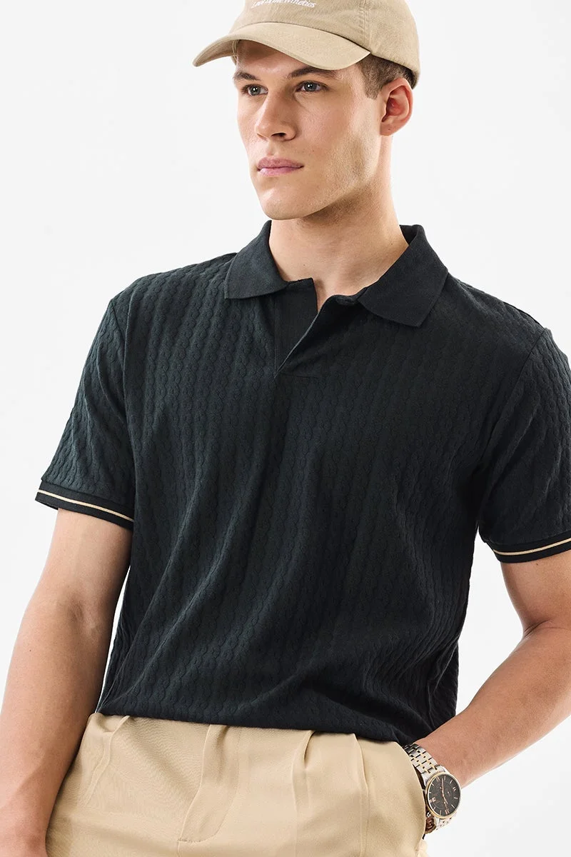 SNITCH Black Textured Half Sleeve Regular Fit T-Shirt