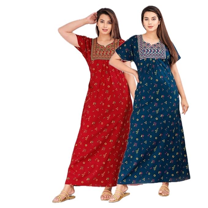 YUKATA Women's Cotton Jaipuri Nighty Gown Pack of 2 – Rajasthani Print Maxi Dress Sleepwear with Pocket Night Dress for Ladies – Soft & Comfortable Loungewear (Combo#6, Free Size) - Image 1